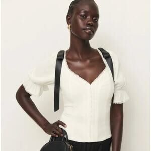 Reformation Inara Top Cropped Smocked Lace Trim Bow Shoulders Gossamer Size 6